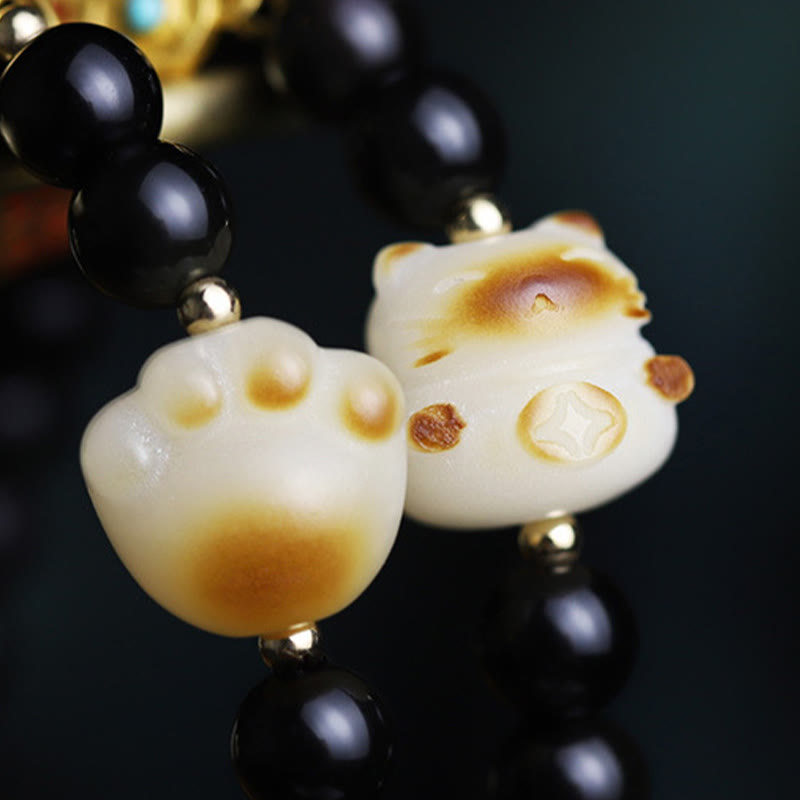 Buddha Stones Black Obsidian Cat Paw Bodhi Seed Lucky Fortune Charm Purification Bracelet - image 11