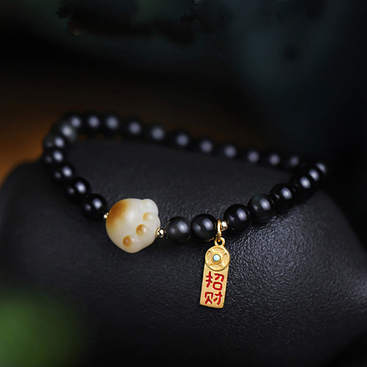 Buddha Stones Black Obsidian Cat Paw Bodhi Seed Lucky Fortune Charm Purification Bracelet - image 7