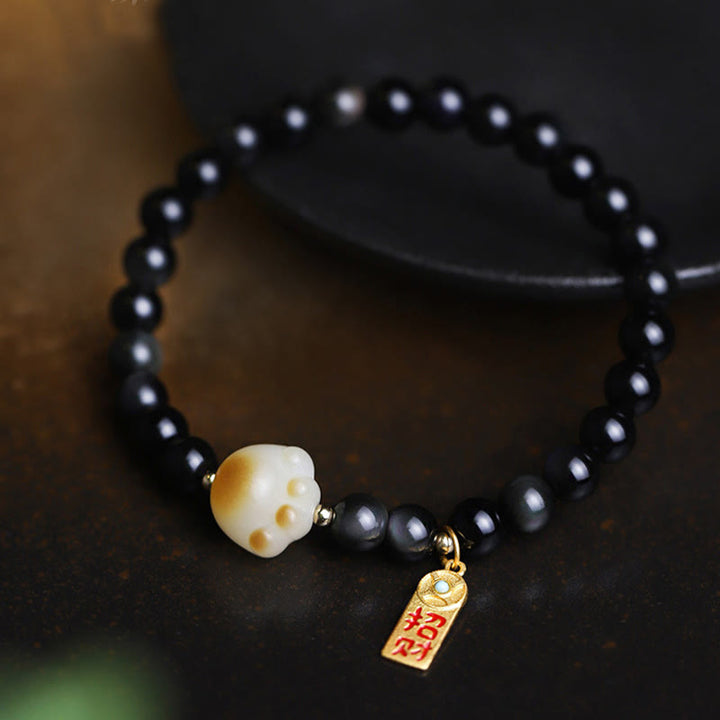 Buddha Stones Black Obsidian Cat Paw Bodhi Seed Lucky Fortune Charm Purification Bracelet - image 3