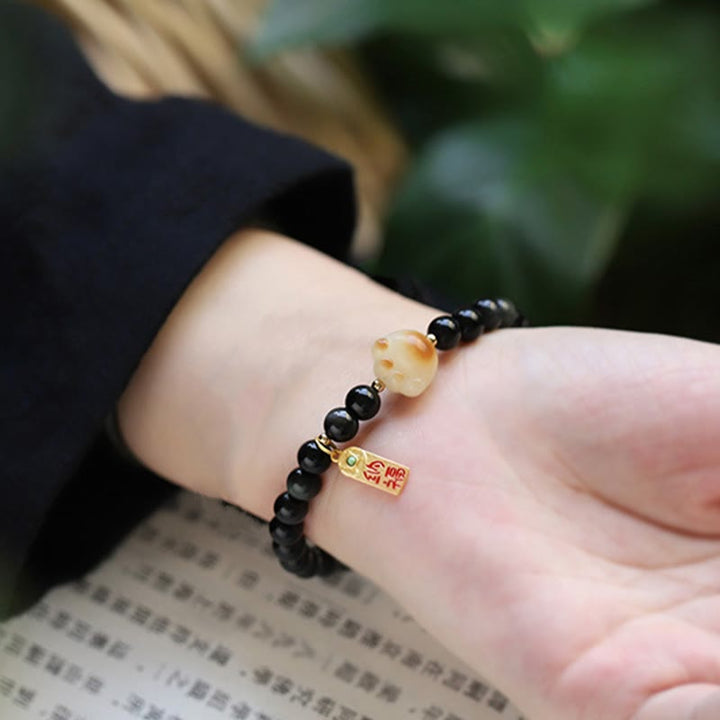 Buddha Stones Black Obsidian Cat Paw Bodhi Seed Lucky Fortune Charm Purification Bracelet - image 5