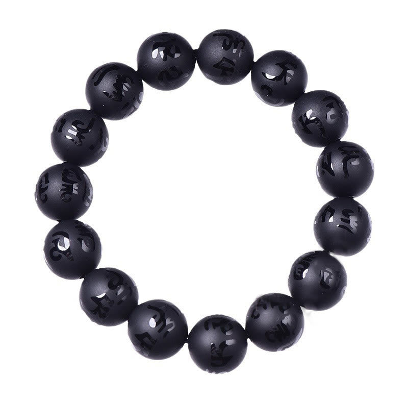 Buddha Stones Natural Black Onyx Om Mani Padme Hum Carved Protection Bracelet