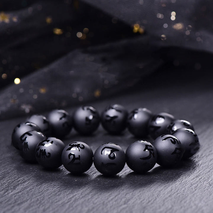 Buddha Stones Natural Black Onyx Om Mani Padme Hum Carved Protection Bracelet