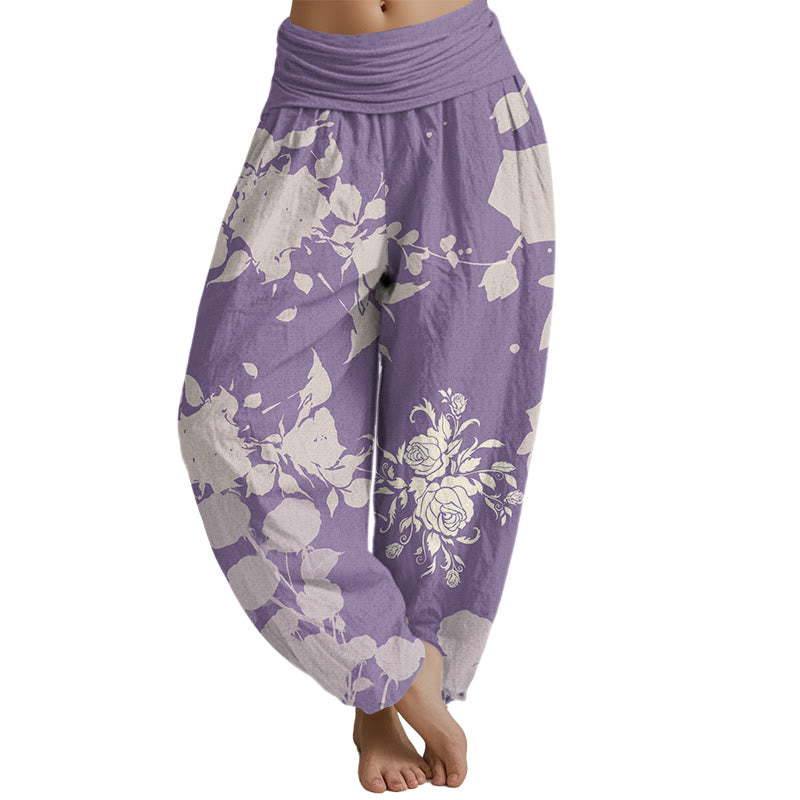 Buddha Stones Blooming Budding Flowers Pattern Women's Elastic Waist Harem Pants