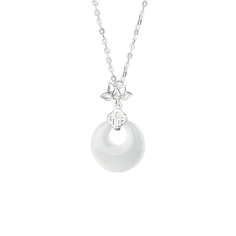 Buddha Stones Chalcedony 925 Sterling Silver Lotus Flower Fu Character Peace Buckle Positive Necklace Pendant - image 1