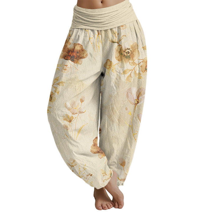 Buddha Stones Blooming Varying Flower Pattern Women's Elastic Waist Harem Pants