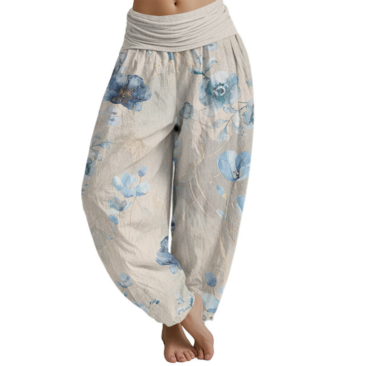 Buddha Stones Blooming Varying Flower Pattern Women's Elastic Waist Harem Pants