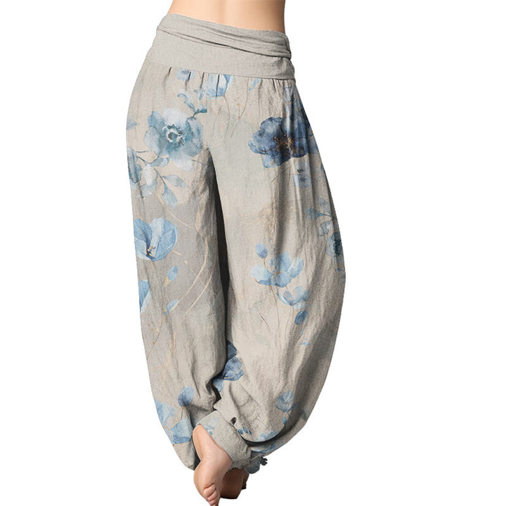 Buddha Stones Blooming Varying Flower Pattern Women's Elastic Waist Harem Pants