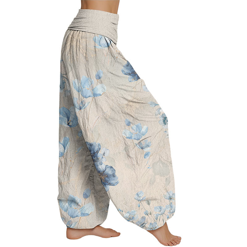 Buddha Stones Blooming Varying Flower Pattern Women's Elastic Waist Harem Pants