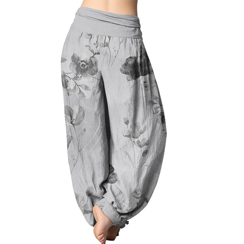 Buddha Stones Blooming Varying Flower Pattern Women's Elastic Waist Harem Pants