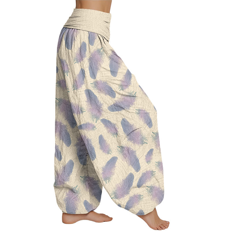 Buddha Stones  Casual Feathers Pattern Women's Elastic Waist Harem Pants