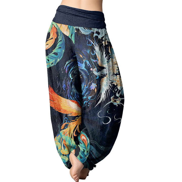 Buddha Stones Phoenix Flower Pattern Women's Elastic Waist Harem Pants