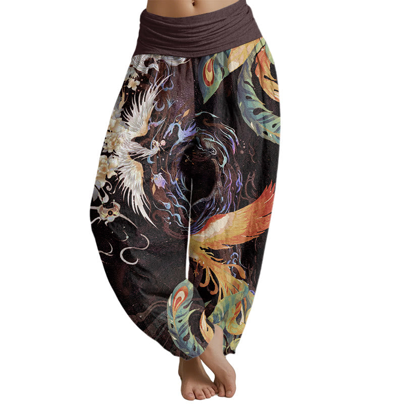 Buddha Stones Phoenix Flower Pattern Women's Elastic Waist Harem Pants