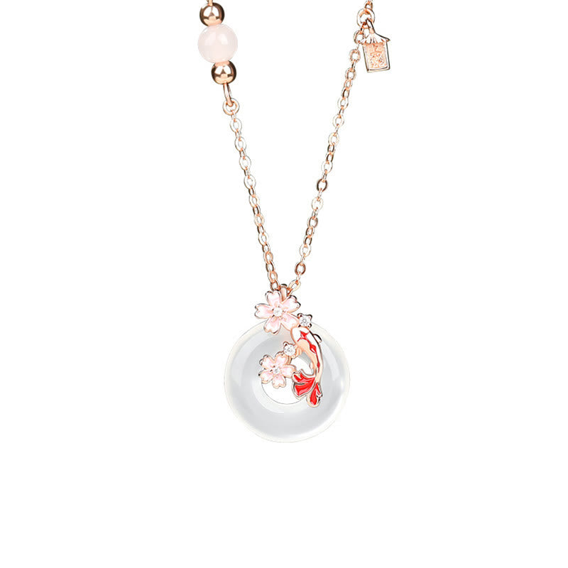 Buddha Stones Chalcedony Pink Crystal 925 Sterling Silver Flowers Koi Fish Peace Buckle Positive Necklace Pendant - image 3