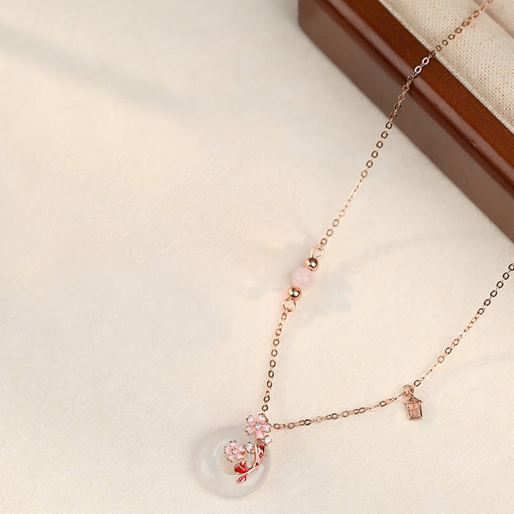 Buddha Stones Chalcedony Pink Crystal 925 Sterling Silver Flowers Koi Fish Peace Buckle Positive Necklace Pendant - image 2