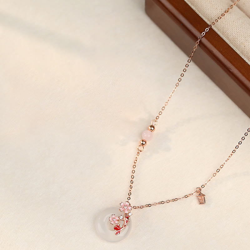 Buddha Stones Chalcedony Pink Crystal 925 Sterling Silver Flowers Koi Fish Peace Buckle Positive Necklace Pendant - image 1