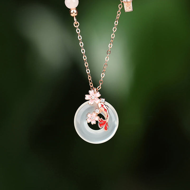 Buddha Stones Chalcedony Pink Crystal 925 Sterling Silver Flowers Koi Fish Peace Buckle Positive Necklace Pendant