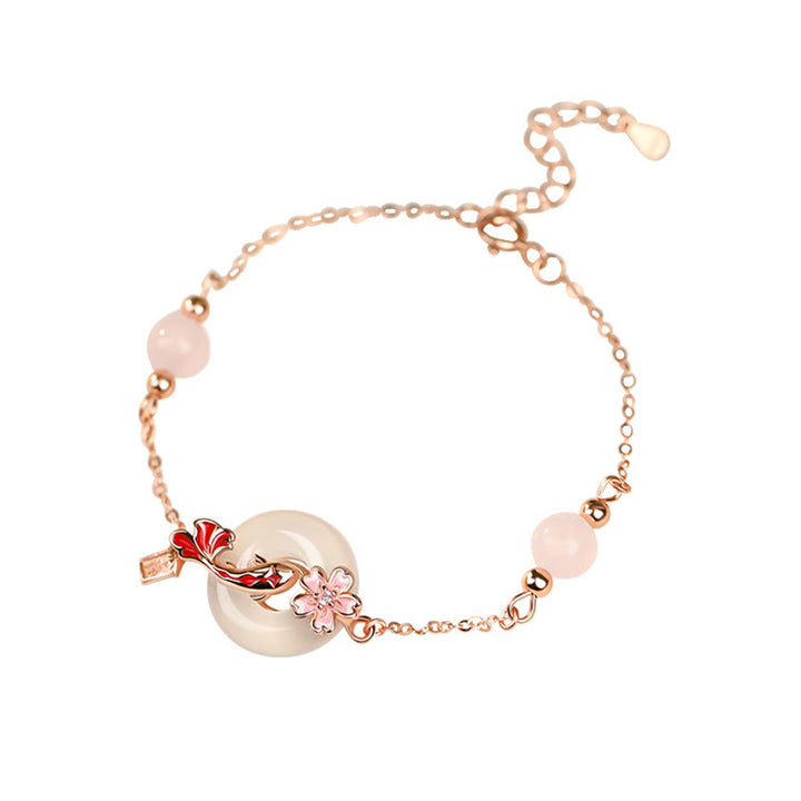 Buddha Stones Chalcedony Pink Crystal 925 Sterling Silver Flowers Koi Fish Peace Buckle Positive Bracelet - image 10