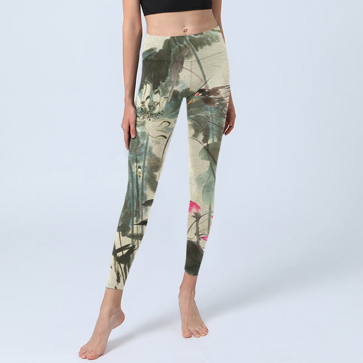 Buddha Stones Lotus Bamboo Leaves Print Gym Leggings Women's Yoga Pants