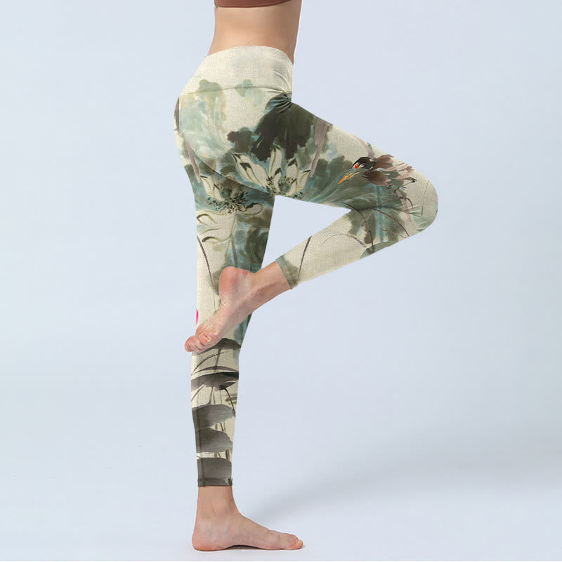 Buddha Stones Lotus Bamboo Leaves Print Gym Leggings Women's Yoga Pants