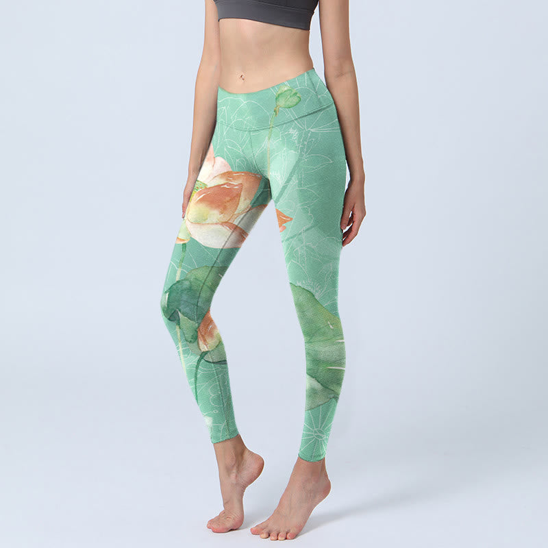Buddha Stones Lotus Leaves Seed Pods Print Gym Leggings Women's Yoga Pants - MediumSpringGreen - US18，UK/AU22，EU50 (4XL) - image 0