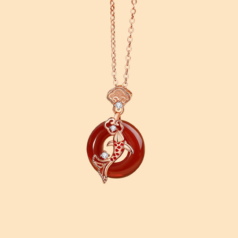 Buddha Stones Red Agate 925 Sterling Silver Ruyi Lock Koi Fish Peace Buckle Calm Necklace Pendant