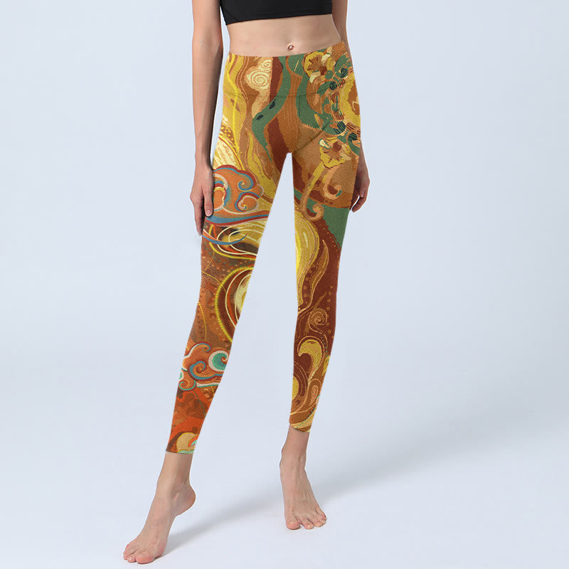 Buddha Stones Golden Auspicious Cloud Waves Print Gym Leggings Women's Yoga Pants