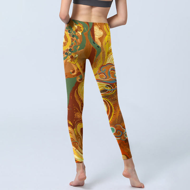 Buddha Stones Golden Auspicious Cloud Waves Print Gym Leggings Women's Yoga Pants