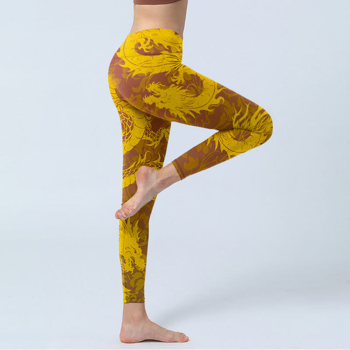 Buddha Stones Golden Dragon Flowers Print Gym Leggings Women's Yoga Pants