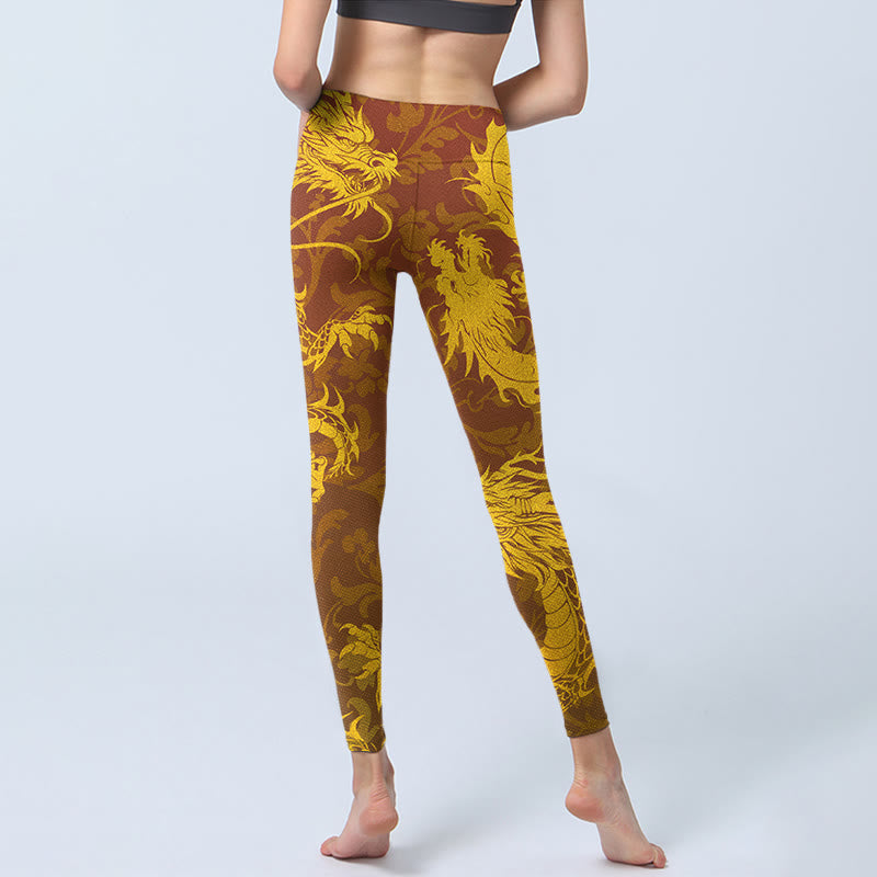 Buddha Stones Golden Dragon Flowers Print Gym Leggings Women's Yoga Pants - image 6