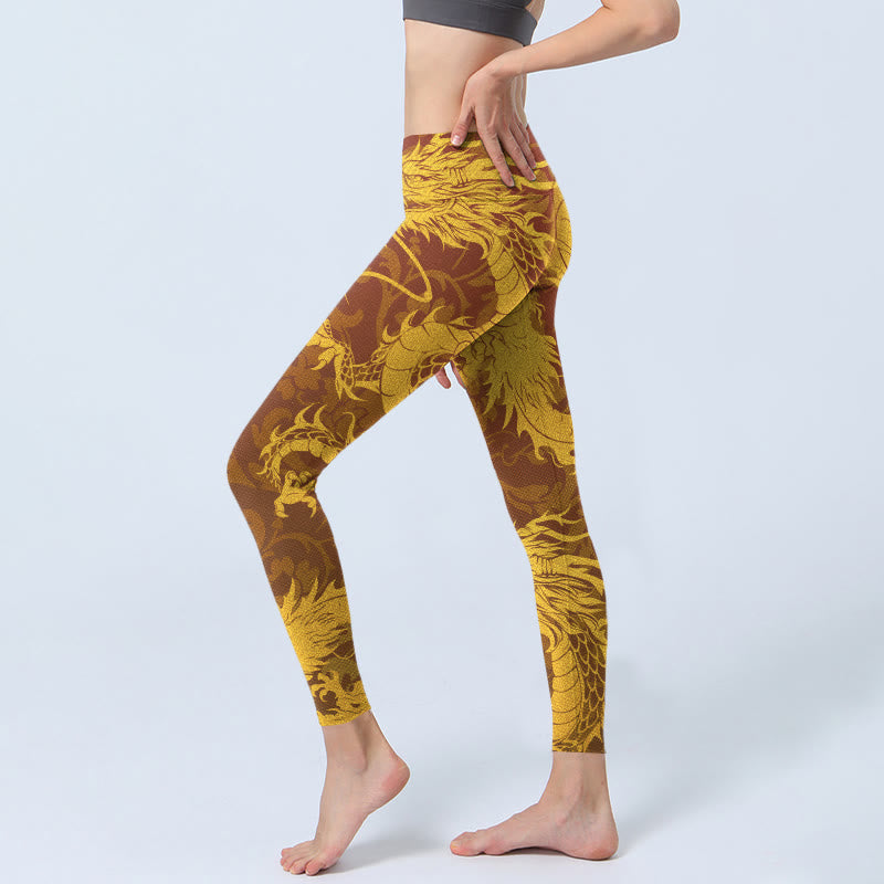 Buddha Stones Golden Dragon Flowers Print Gym Leggings Women's Yoga Pants