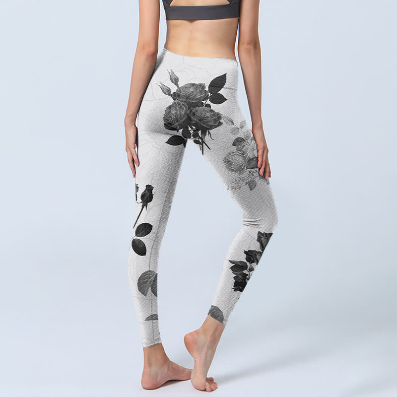 Buddha Stones Black White Rose Gym Leggings Women's Yoga Pants