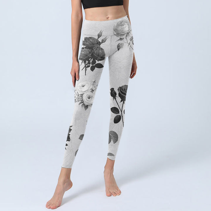 Buddha Stones Black White Rose Gym Leggings Women's Yoga Pants