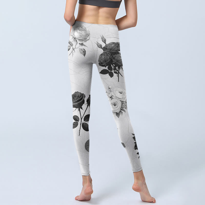 Buddha Stones Black White Rose Gym Leggings Women's Yoga Pants