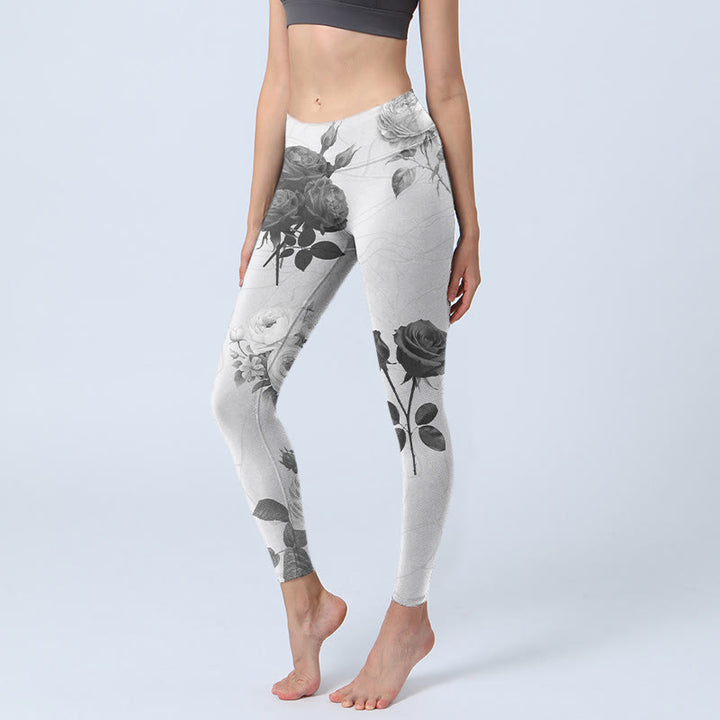 Buddha Stones Black White Rose Gym Leggings Women's Yoga Pants