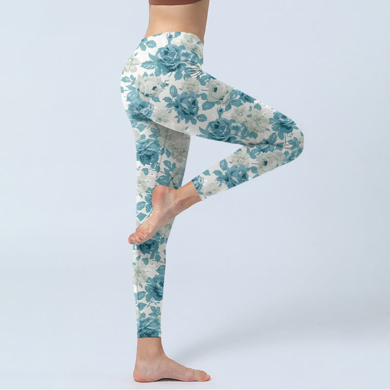 Buddha Stones Green White Flower Gym Leggings Women's Yoga Pants