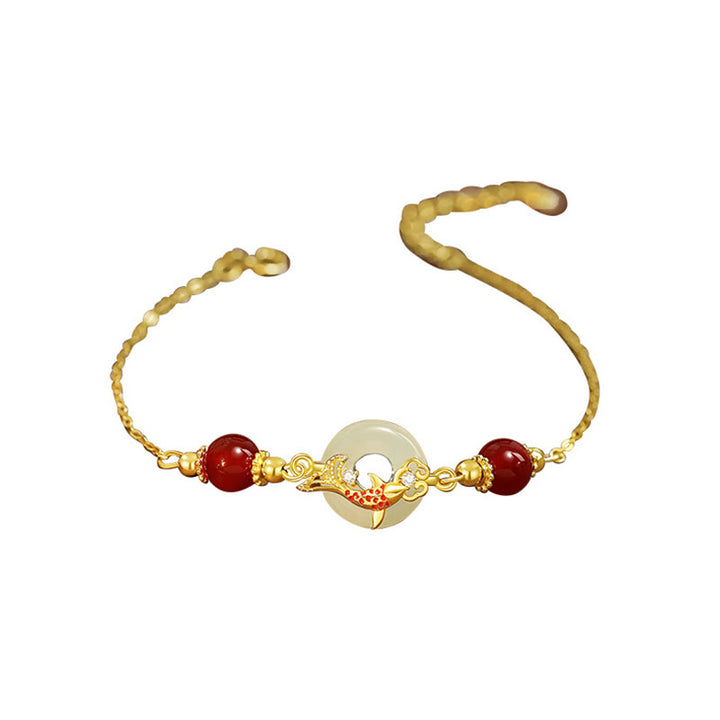 Buddha Stones Natural Hetian Jade 925 Sterling Silver Plated Gold Red Agate Beads Koi Fish Peace Buckle Luck Bracelet