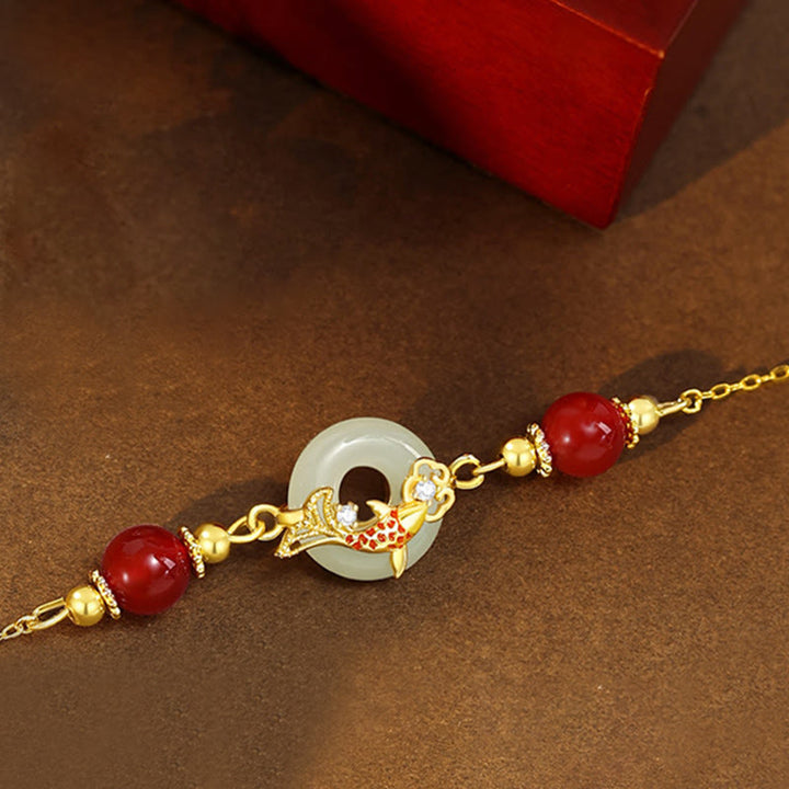 Buddha Stones Natural Hetian Jade 925 Sterling Silver Plated Gold Red Agate Beads Koi Fish Peace Buckle Luck Bracelet