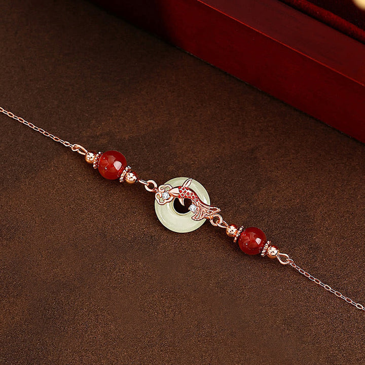 Buddha Stones Natural Hetian Jade 925 Sterling Silver Plated Gold Red Agate Beads Koi Fish Peace Buckle Luck Bracelet