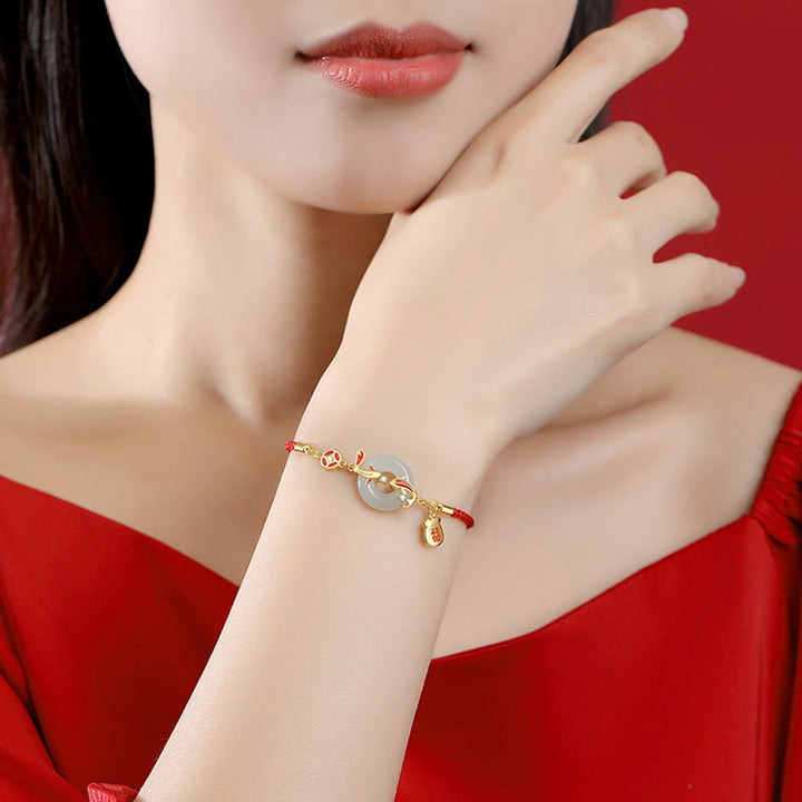 Buddha Stones Natural Hetian Jade Red String 925 Sterling Silver Plated Gold Koi Fish Lucky Bag Fu Character Peace Buckle Luck Bracelet