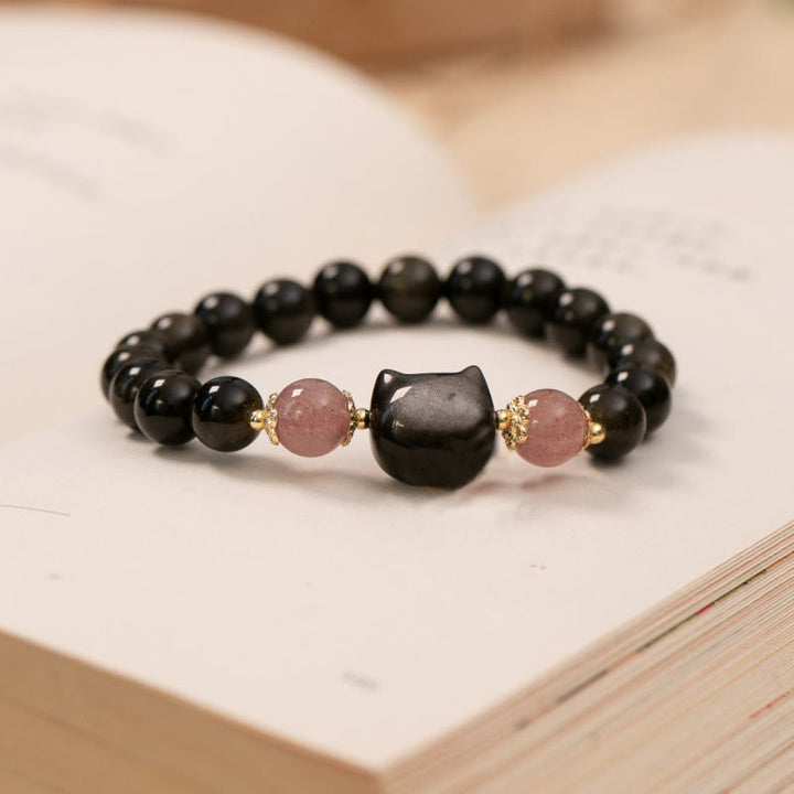 Buddha Stones Black Obsidian Strawberry Quartz Beads Silver Sheen Obsidian Cat Head Strength  Bracelet