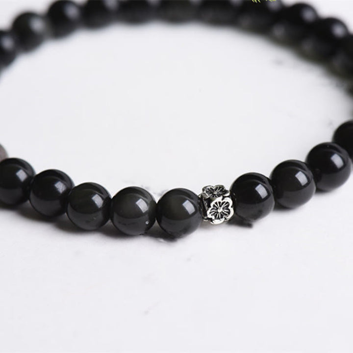 Buddha Stones Black Obsidian Bead 925 Sterling Silver Flower Design Purification Bracelet