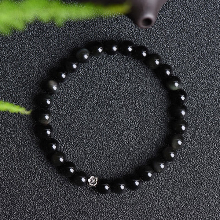 Buddha Stones Black Obsidian Bead 925 Sterling Silver Flower Design Purification Bracelet