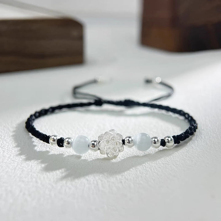 Buddha Stones 999 Sterling Silver Lotus Design Cat's Eye Bead Protection String Bracelet - Lotus Black(Wrist Circumference 15-18cm) - image 0