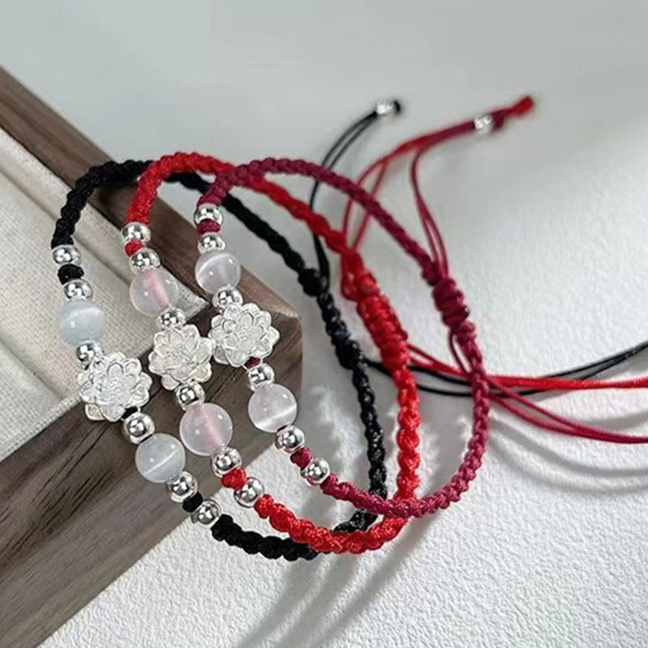 Buddha Stones 999 Sterling Silver Lotus Design Cat's Eye Bead Protection String Bracelet - image 1