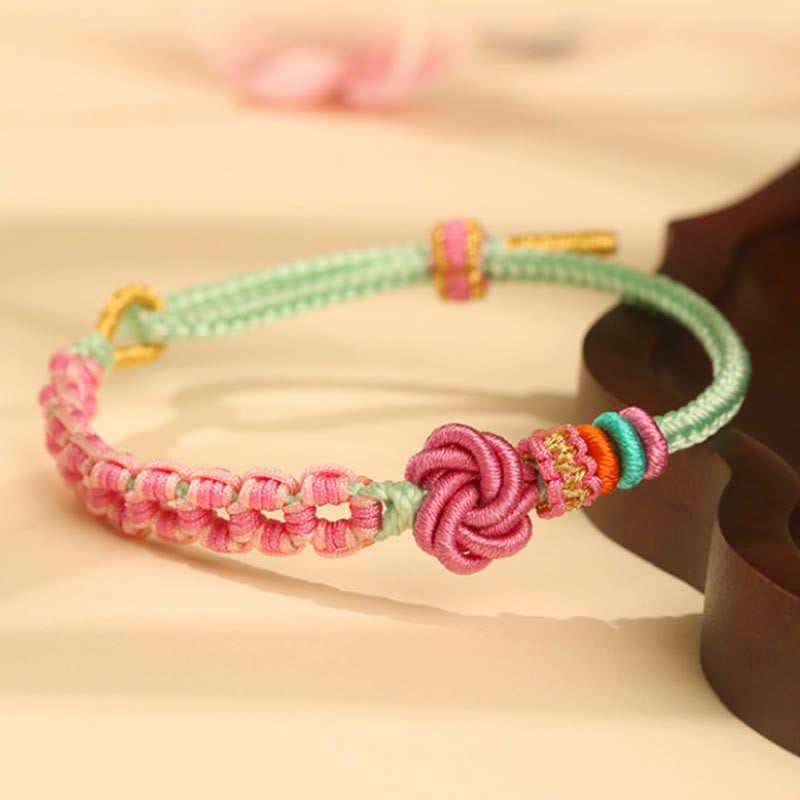 Buddha Stones Handmade Pink Green Peach Blossom Knot Braided Bracelet