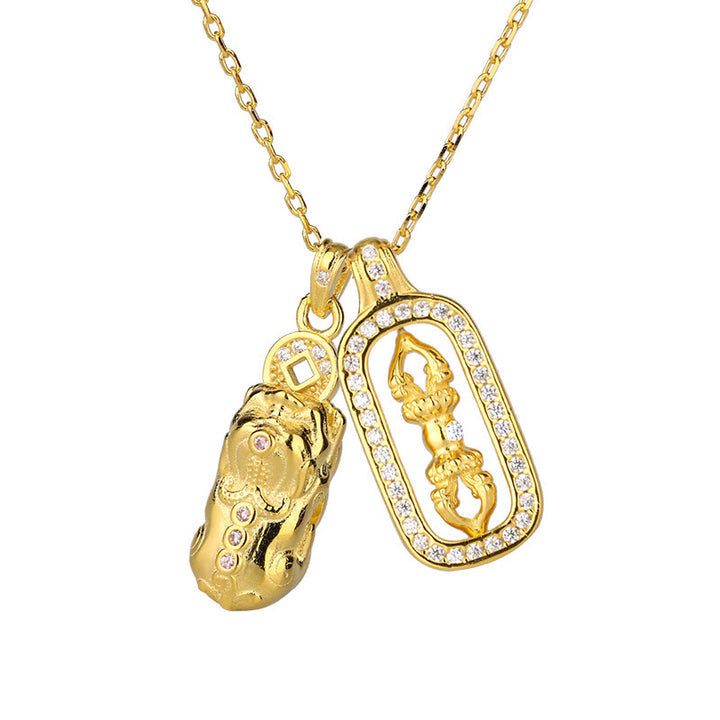 Buddha Stones 999 Sterling Silver Golden Pixiu Copper Coin Vajra Wealth Necklace Pendant - image 11
