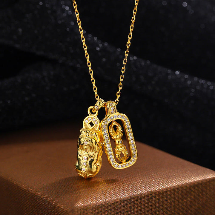 Buddha Stones 999 Sterling Silver Golden Pixiu Copper Coin Vajra Wealth Necklace Pendant - 999 Sterling Silver Golden PiXiu Vajra - image 1