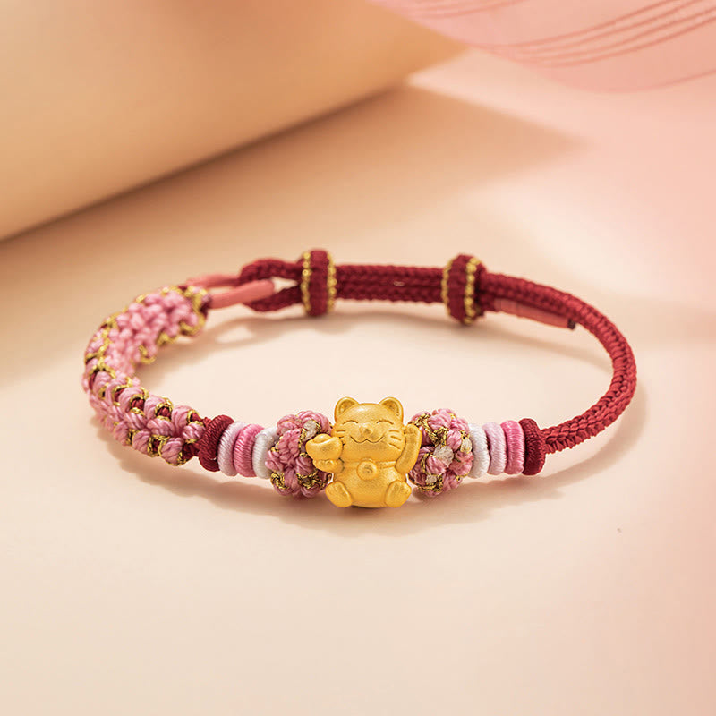 Buddha Stones Handmade 999 Sterling Silver Fortune Cat Ingot Peach Blossom Luck Red Rope Bracelet - Red Rope(Wrist Circumference 14-19cm) - image 0