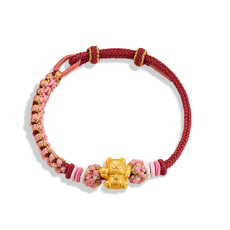 Buddha Stones Handmade 999 Sterling Silver Fortune Cat Ingot Peach Blossom Luck Red Rope Bracelet