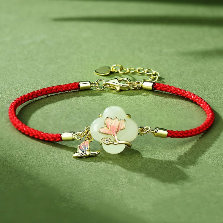 Buddha Stones 925 Sterling Silver Hetian Jade Magnolia Flower Butterfly Luck Chain Bracelet - Jade(Wrist Circumference 14-19cm) - image 0